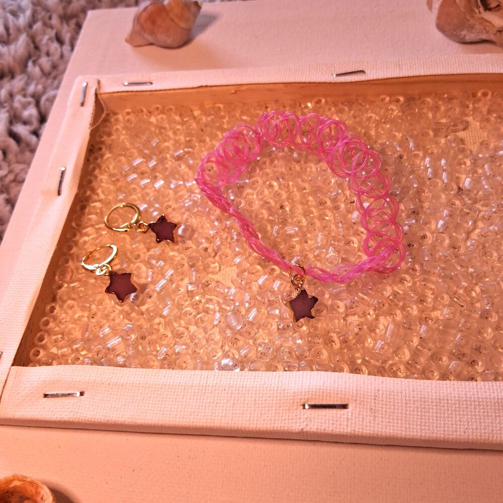 Purple Star Celesteal Pink Elastic Chocker And Earring Set